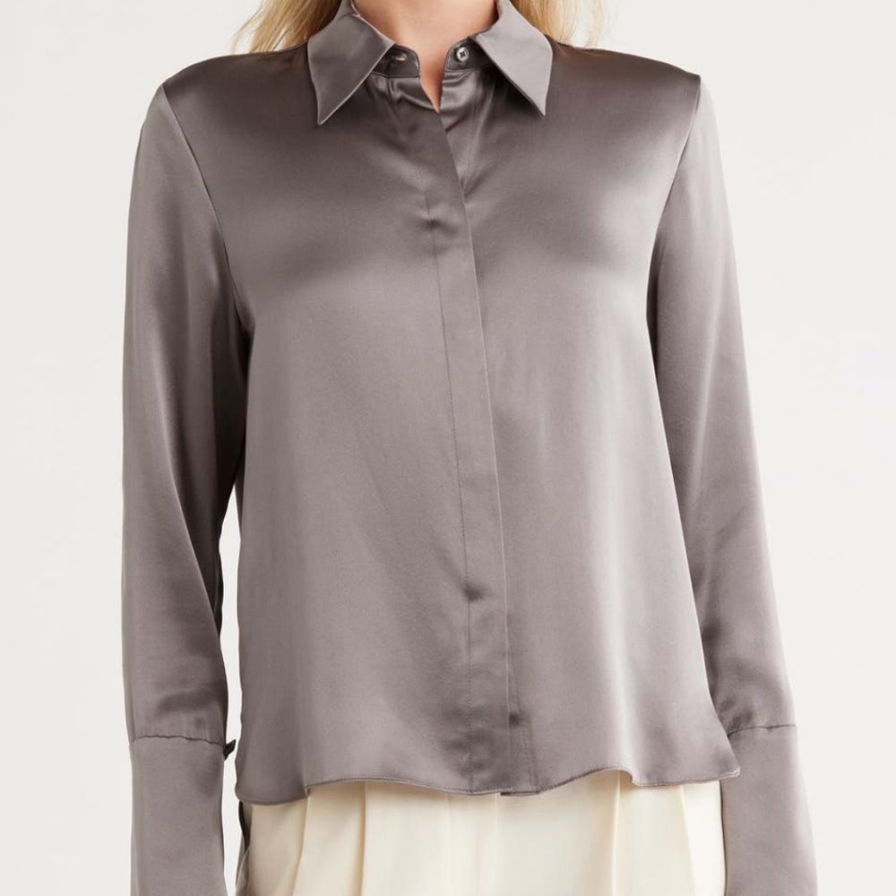 TWP Size XS Gray Silk Long Sleeve Button Blouse Shirt MSRP $495